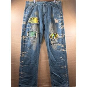 SHEIN Distressed Jeans Mens 36x30 Blue Straight Leg Patchwork Ripped Denim Pants